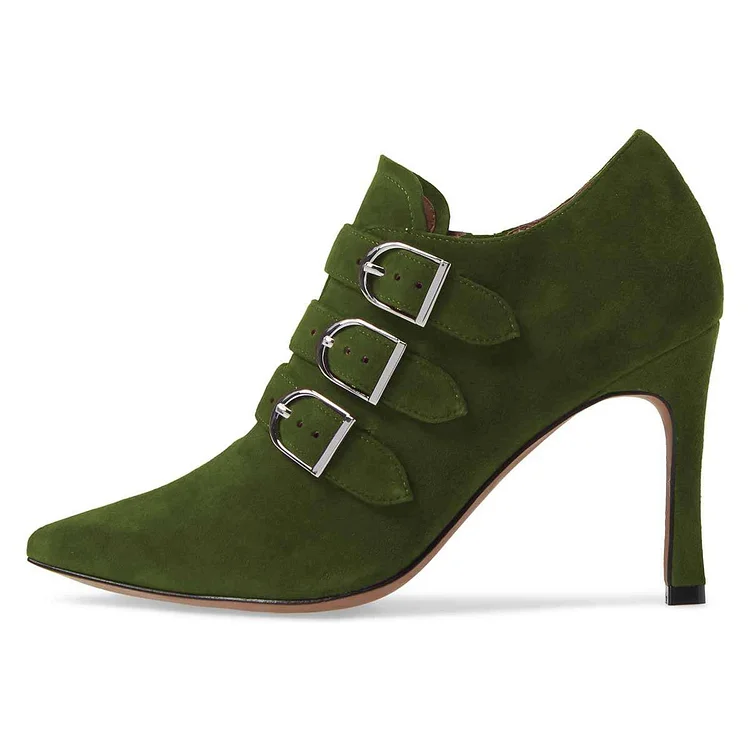 Green Buckle Boots Pointy Toe Spool Heel Suede Ankle Boots |FSJ Shoes