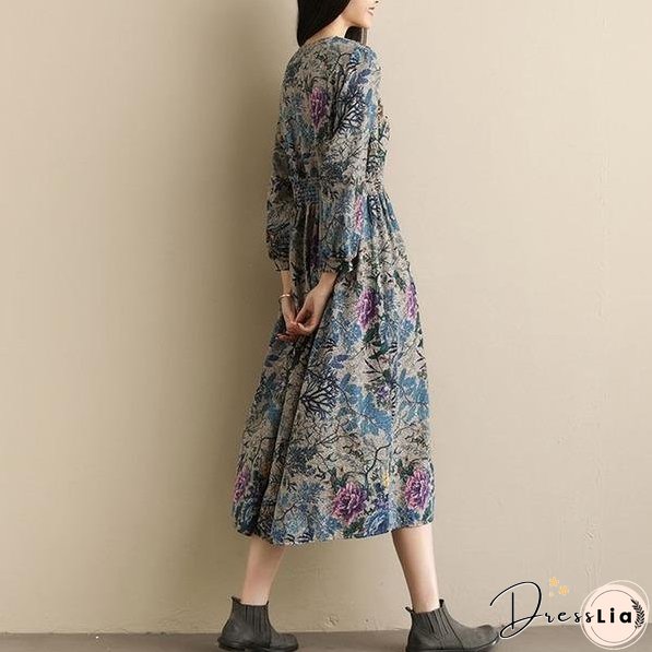 Vintage Style V-neck Print Elastic Waist Elegant A-line Ladies Casual Dress