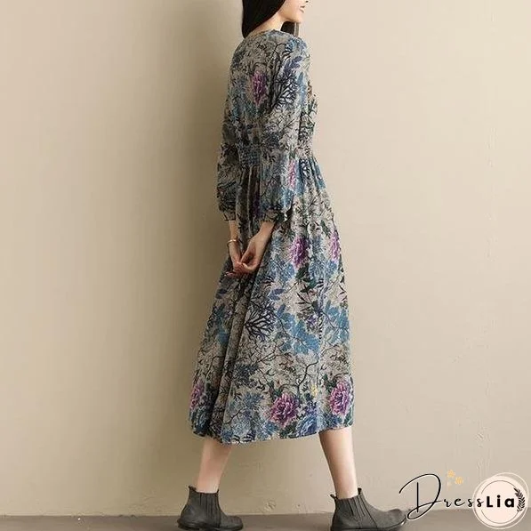 Vintage Style V-neck Print Elastic Waist Elegant A-line Ladies Casual Dress