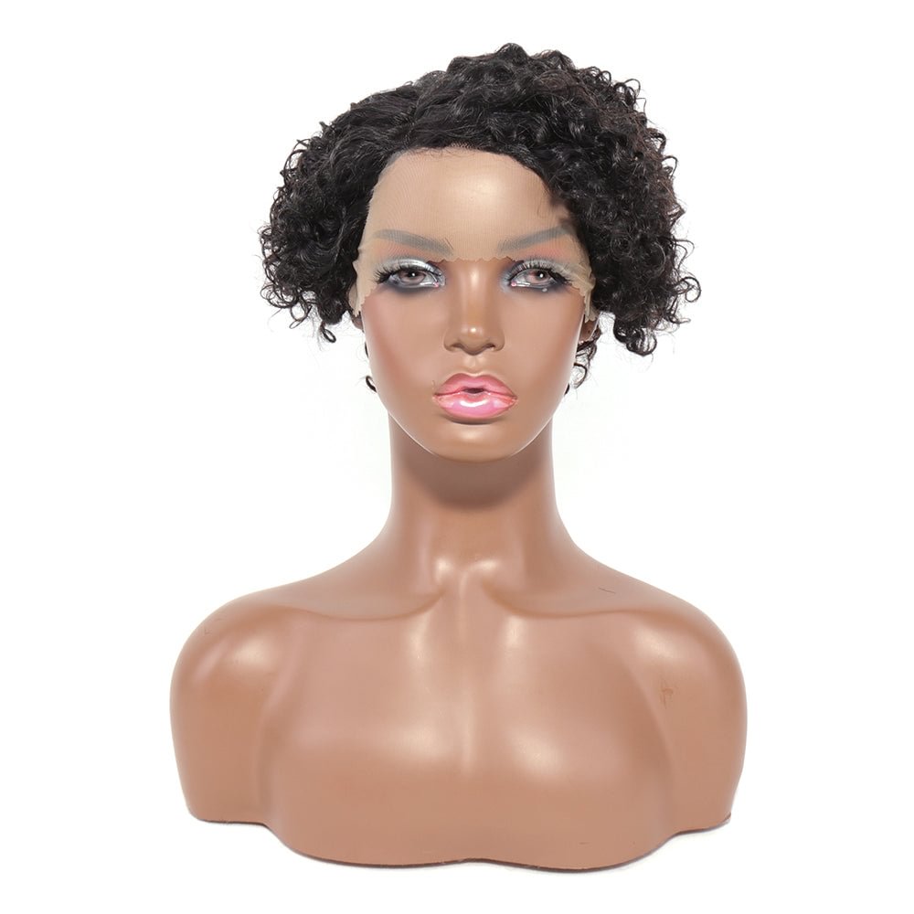 100% Human Hair Pixie Curly Side Part 13x4x1 T-Part Lace Wig 150% Density Natural Black Color Jerry Curly Pre Plucked with Baby Hair Glueless Zaesvini