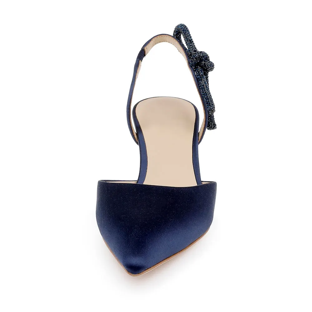 Navy Satin Slingback Low Heel Pumps with Crystal Draped Bow
