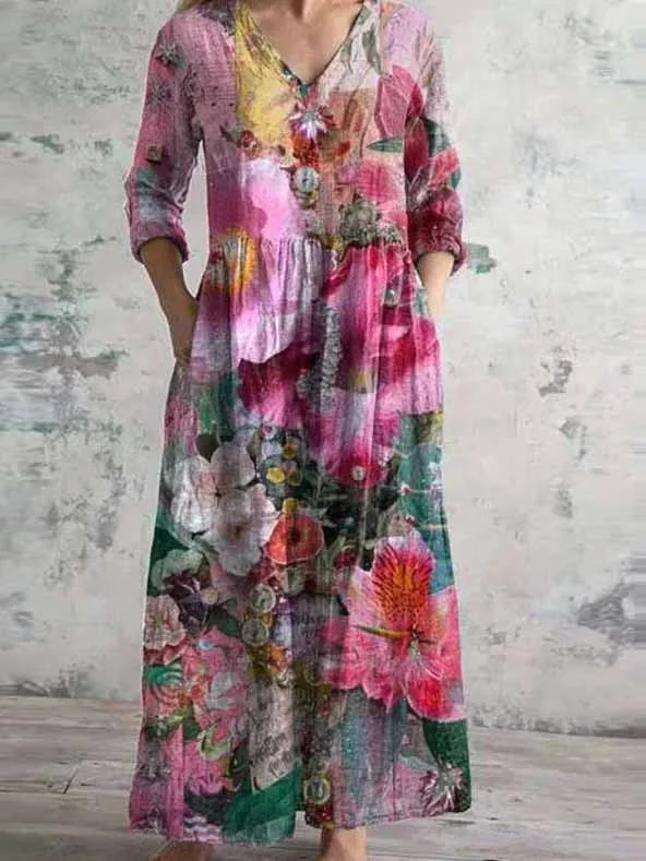 Women's 3/4 Sleeve V-neck Floral Printed Midi Dress