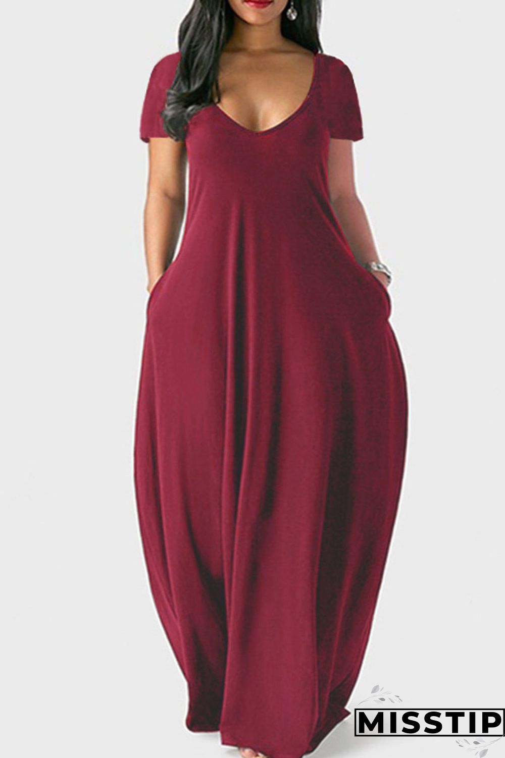 Grey Casual Solid Patchwork Pocket V Neck Short Sleeve Dress Dresses