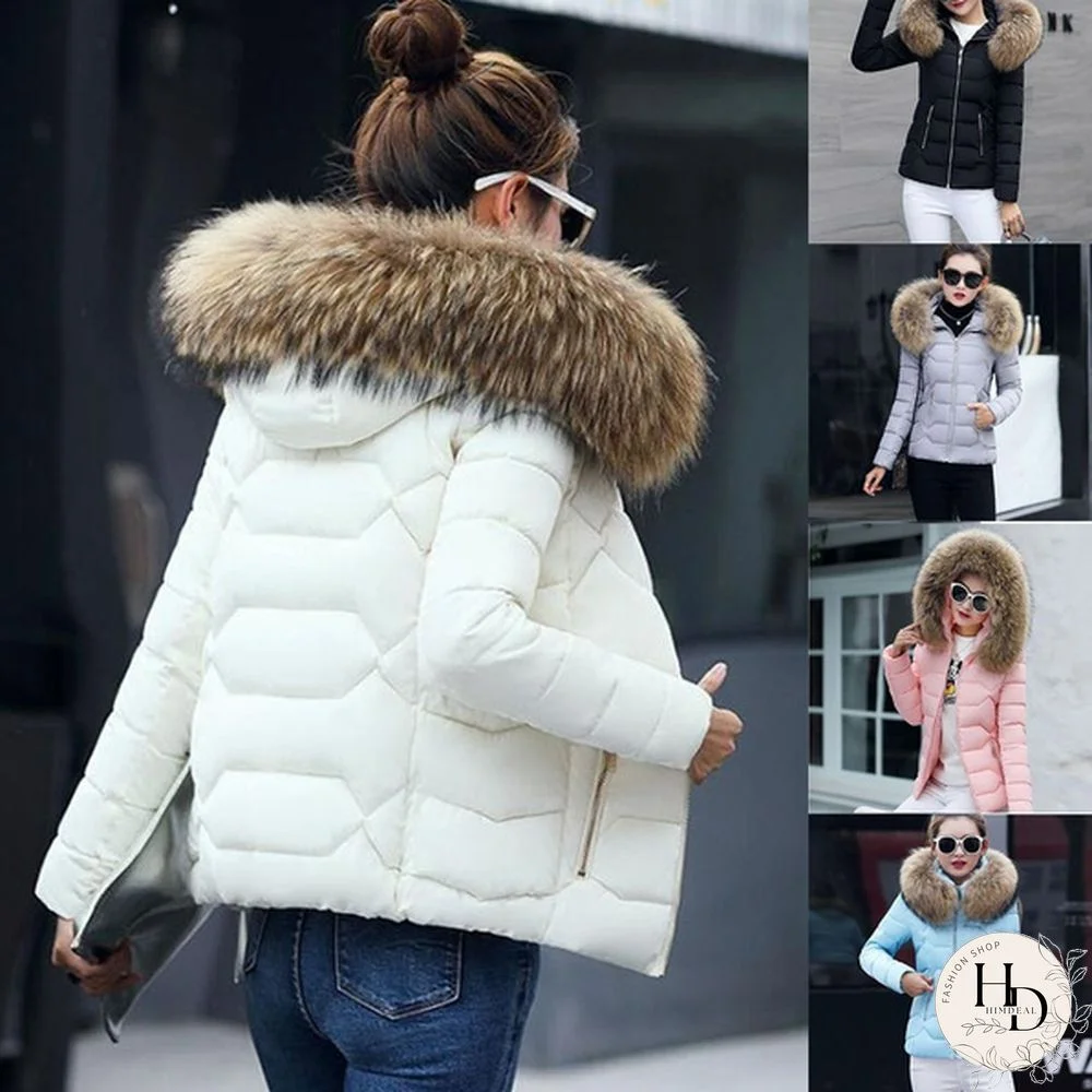 Women Autumn Winter New Fashion Short Coat Cotton-padded Jacket Large Size Hooded Jacket Warm Cotton Female Fur Collar Hoody Parka XS-XXXL