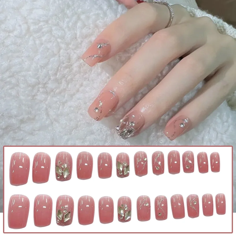 24Pcs/box Full Cover Short round press on nails Pink Dripping Shape Heart Bride nail tips Wearable Fake Nail with Glue for girls-Nail Inspo