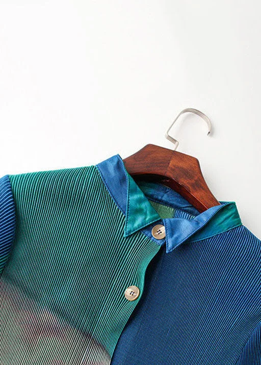 Slim Fit Blue Green Peter Pan Collar Wrinkled Gradient Color Shirt Dress And Straight Pants Two Pieces Set Fall