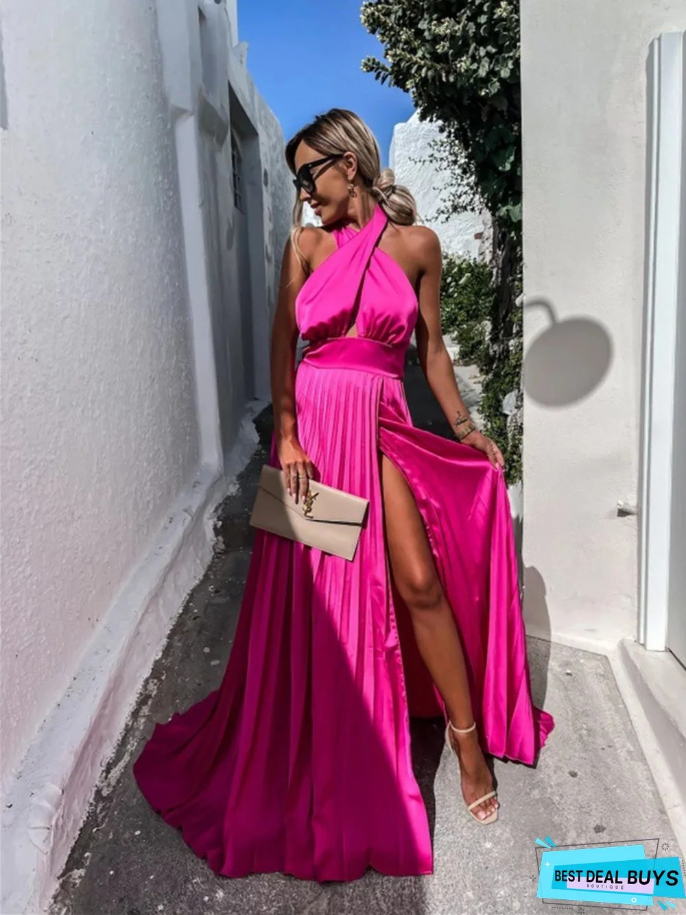 Summer Sleeveless Cross Neck Dress with Split Hem