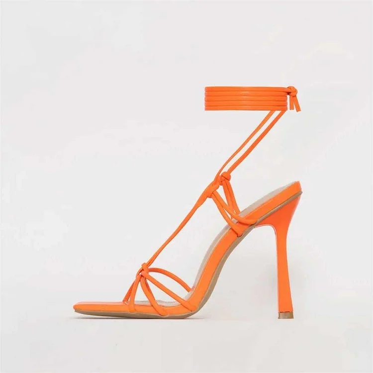 Custom Made Orange Stiletto Heel Square Toe Strappy Sandal |FSJ Shoes
