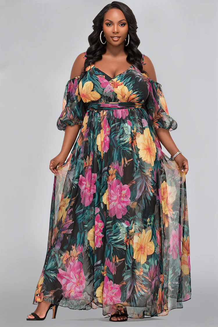 Xpluswear Design Plus Size Vacation Elegant Multicolor Floral V Neck Cold Shoulder Short Sleeve Chiffon Maxi Dresses [Pre-Order] 2024 - Xpluswear