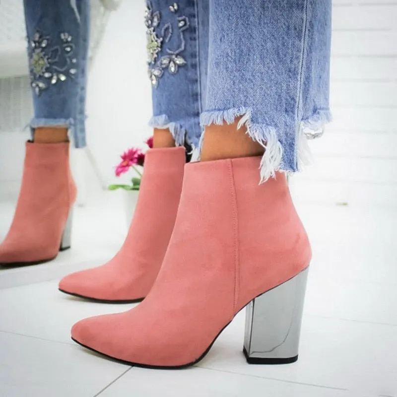 Women's Boots Pointed High Heels Shoes Solid Color Leather Ankle Boots Female Boots Fashion Thick Heel Side Zipper Women Shoes