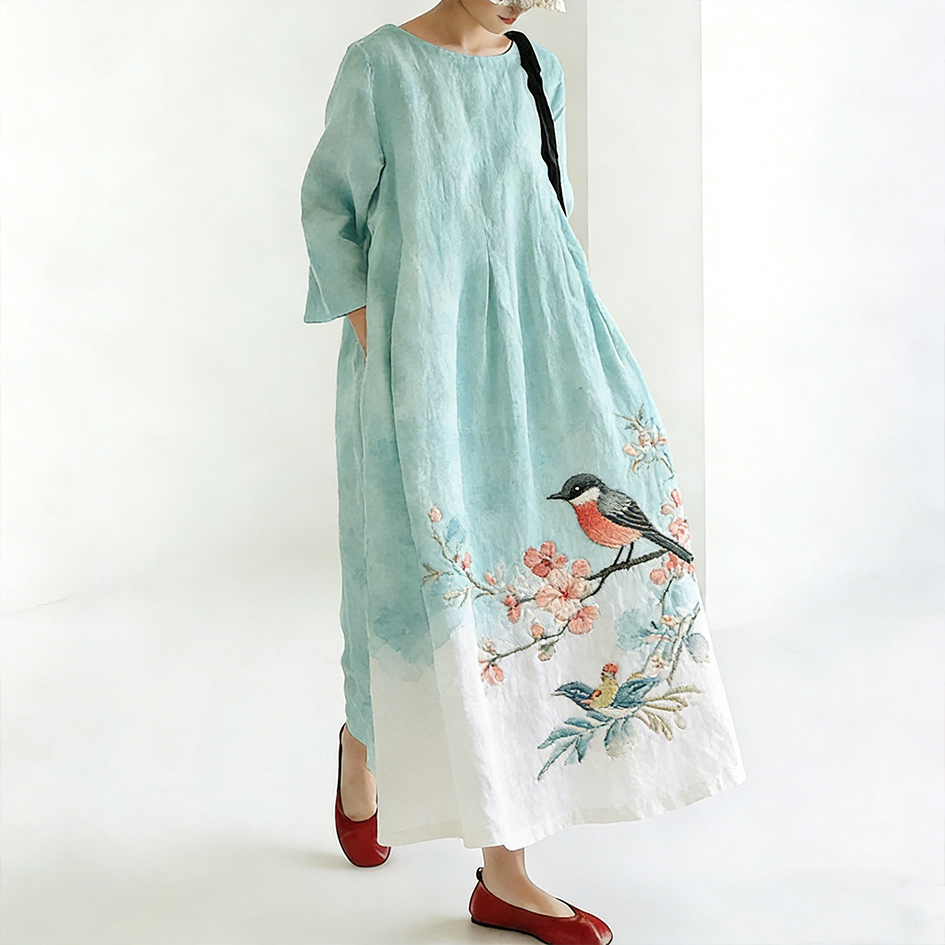 Japanese Art Flower And Bird Embroidery Pattern Women's Linen Dress wearshes