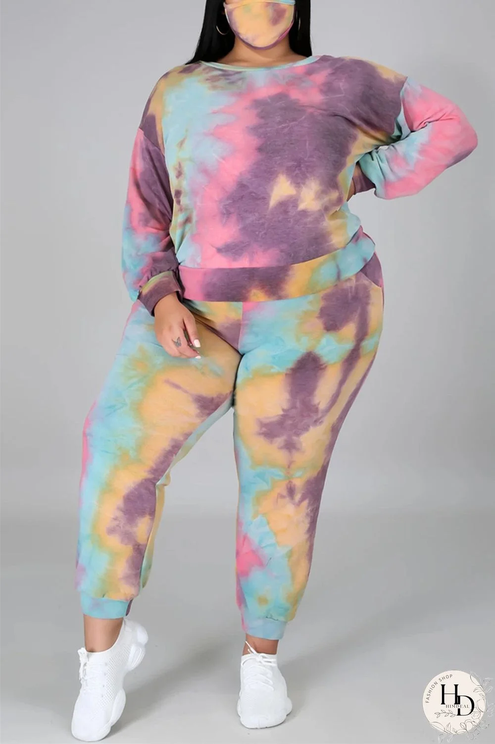 Dark Blue Fashion Casual Print Tie Dye Tie-dye Backless O Neck Plus Size Set