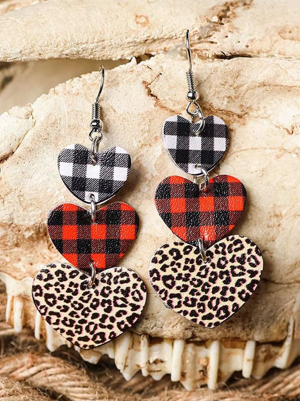 Women's Valentine Heart Plaid Leopard Earrings