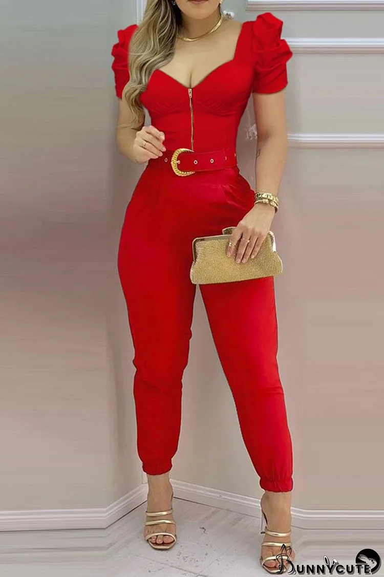 Red Casual Solid Patchwork Fold Zipper V Neck Regular Jumpsuits (Without Belt)