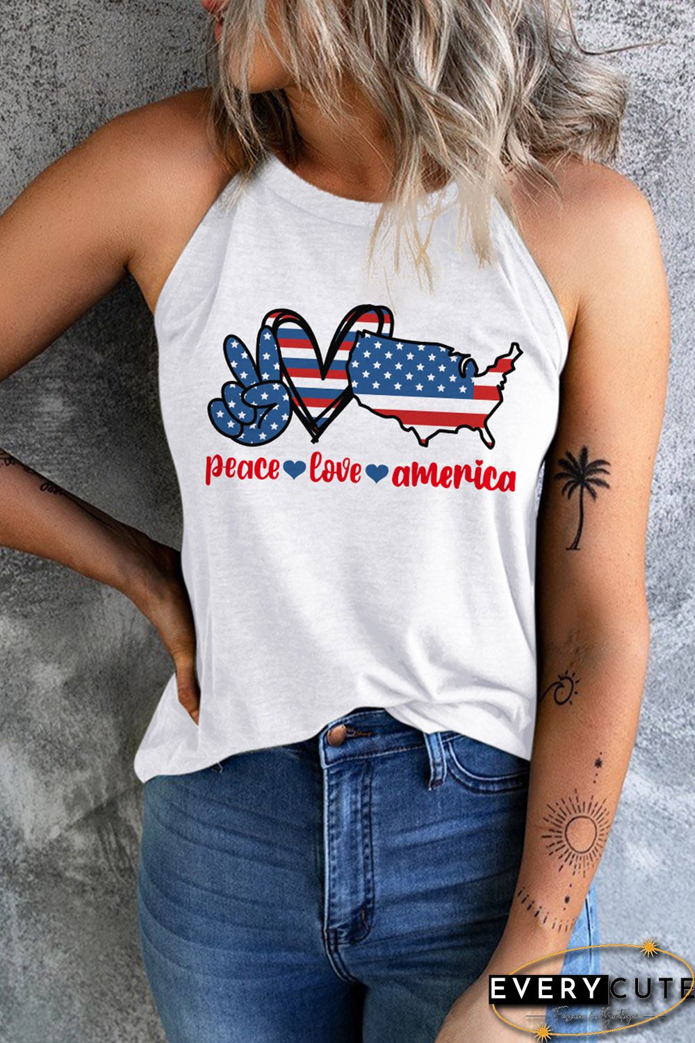 White Stars and Stripes Slogan Graphic Print Sleeveless Top