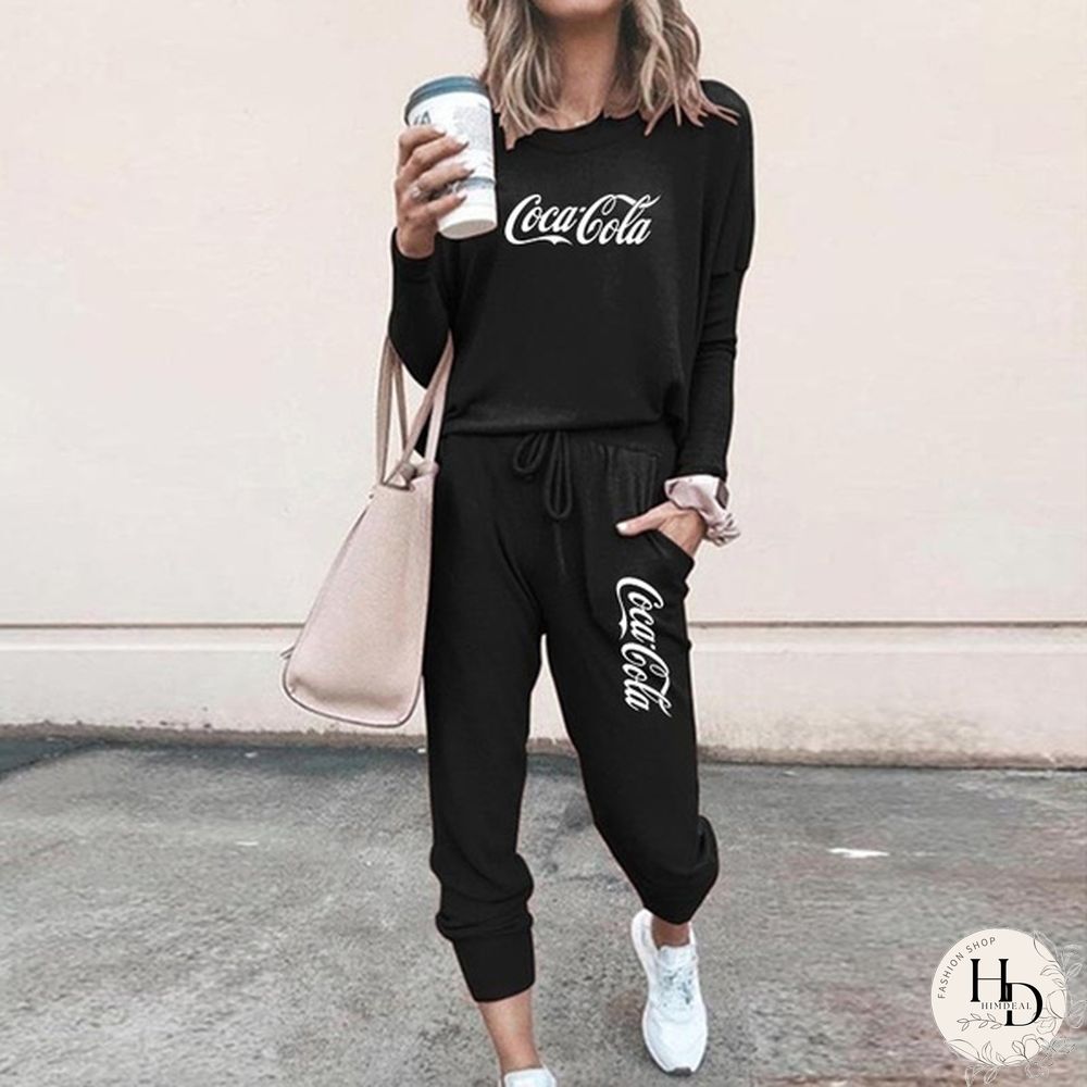 Spring and Autumn Women Jogging Suits Coca Cola Fashion Printed Two Pieces Sports Tops