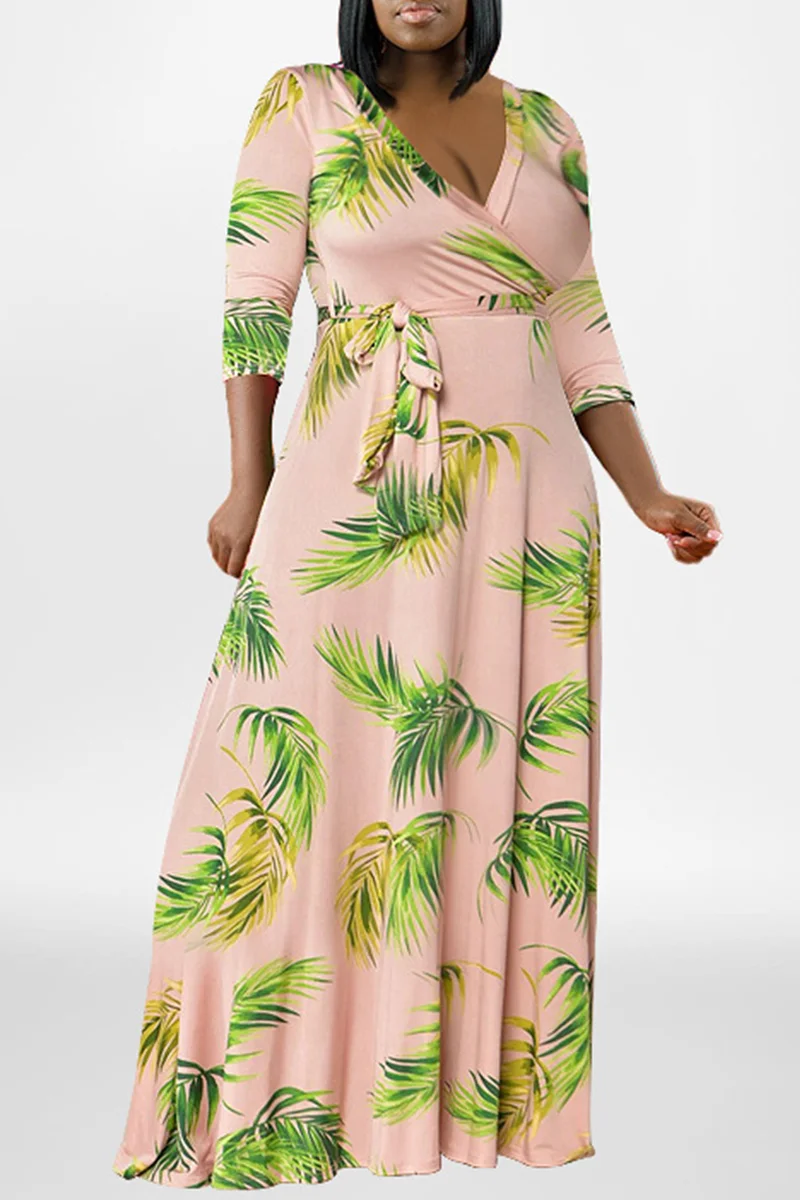 Pink Fashion Casual Plus Size Print Patchwork V Neck Long Dress | EGEMISS