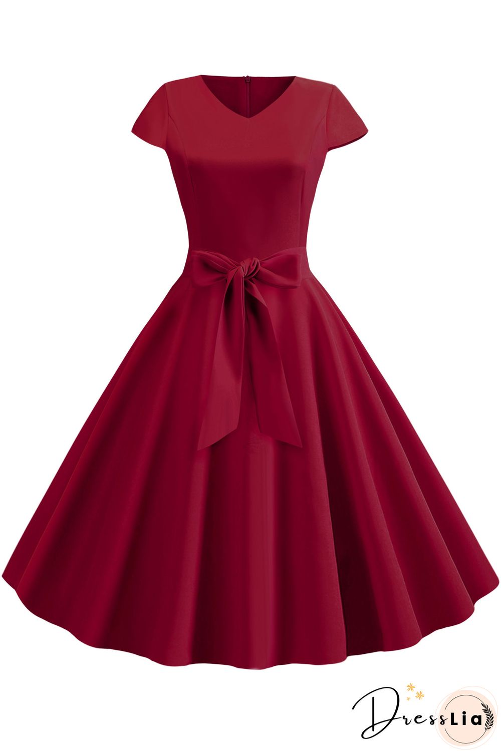Vintage Hepburn V-neck Bowknot Swing Dress