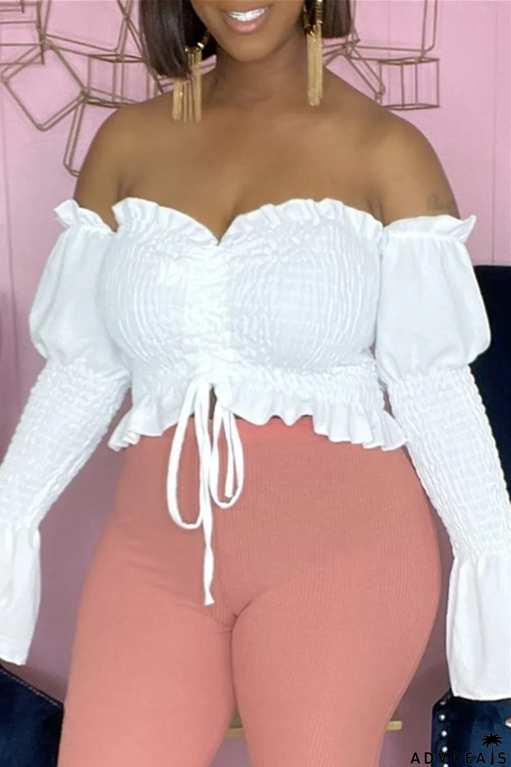 Blue Sexy Casual Solid Draw String Backless Off the Shoulder Tops