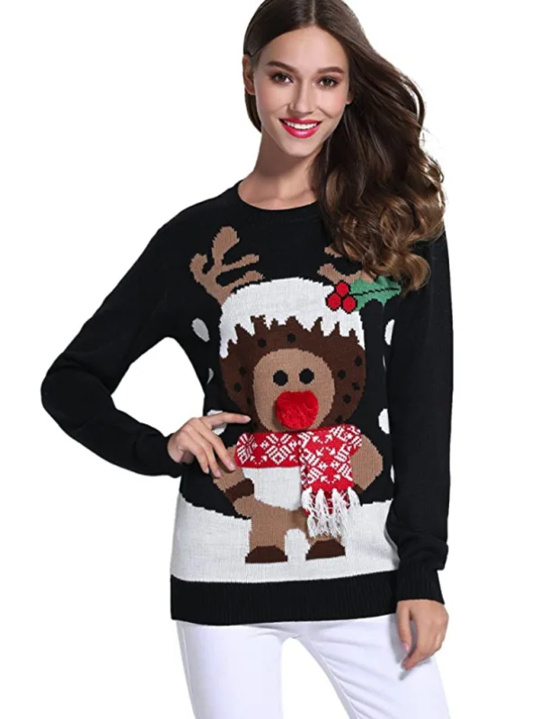 Women's Christmas Crew Neck Long Sleeve Sweater Flusfy