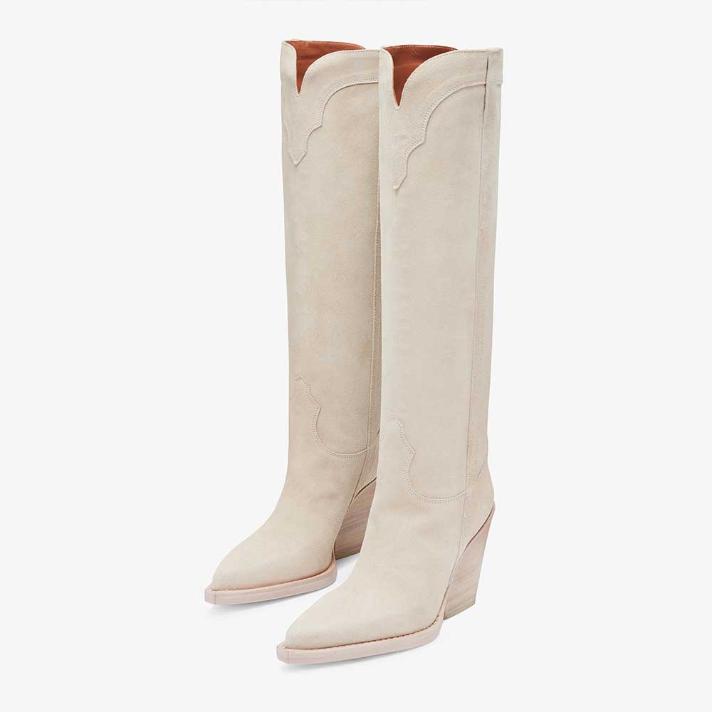 Ivory Faux Suede Pointed Toe Chunky Heel Wide Calf Cowgirl Boots Nicepairs