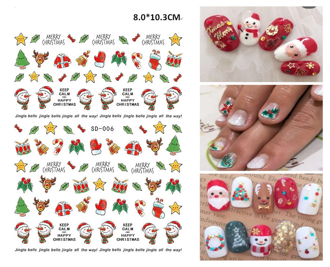Merry Christmas 3D Nails Sticker Winter Cute Cartoon Sliders Snowflake Elk Xmas Tree Decal UV Gel Polisn Manicures Foils Decor-Nail Inspo