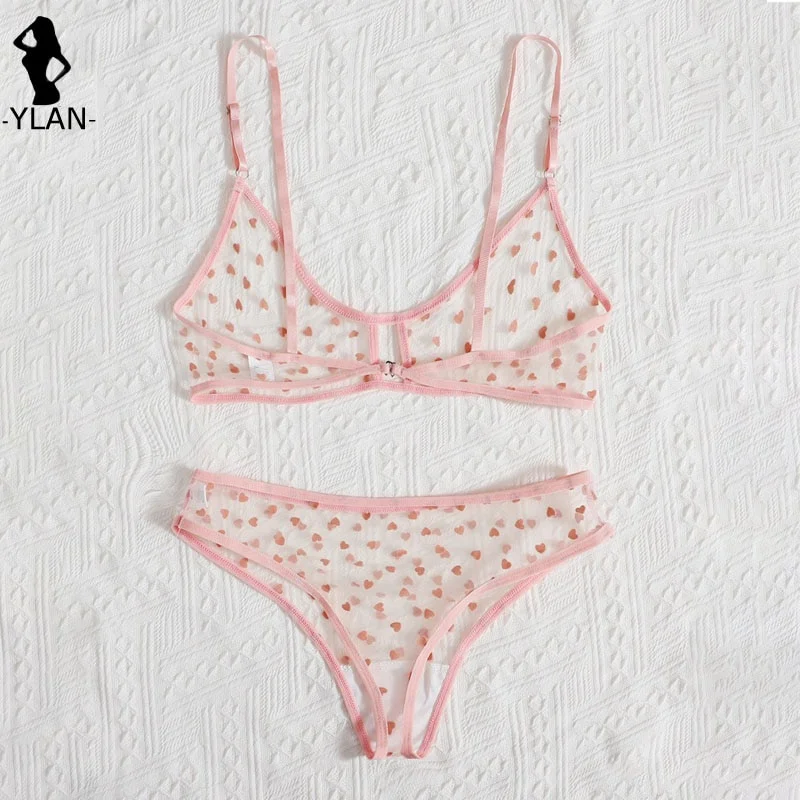 Uaang Womens Underwear Set Love Printing Sexy Lingerie Mesh Bra Brief Sets Girls Pink 0872