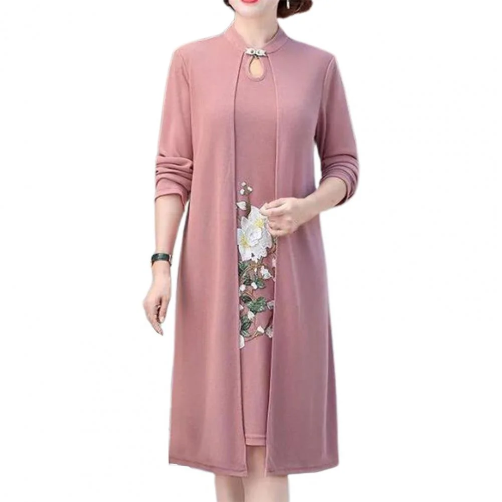 Embroidery Flower Fake Two Pieces Cheongsam Dress Straight Long Sleeve Stand Collar Mother Dress for Daily Wear