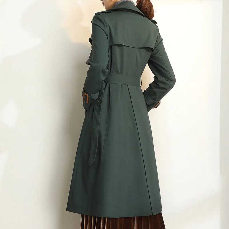 Dark Green Windbreaker Womens Long Spring and Autumn New British Style Temperament Drape