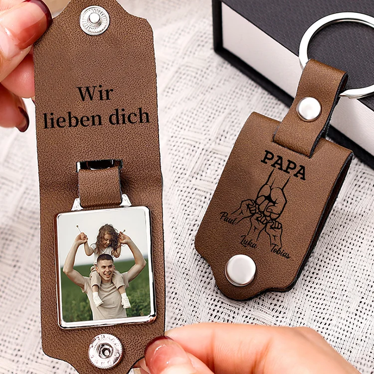 Kettenmachen Personalisiertes Foto & Text & 3 Namen Papa Faust Leder Schlüsselanhänger für Vater