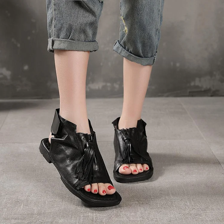 Leather Gladiator Sandals Peep Toe Retro Handmade Sandals Boots  Black/Brown shopify Stunahome.com