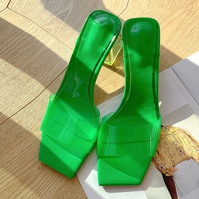 Summer Slippers Women Blue Green PVC Transparent Shoes Mules Slides Fashion Open Toe Clear Heels Beach Jelly Sandals Size 35-40