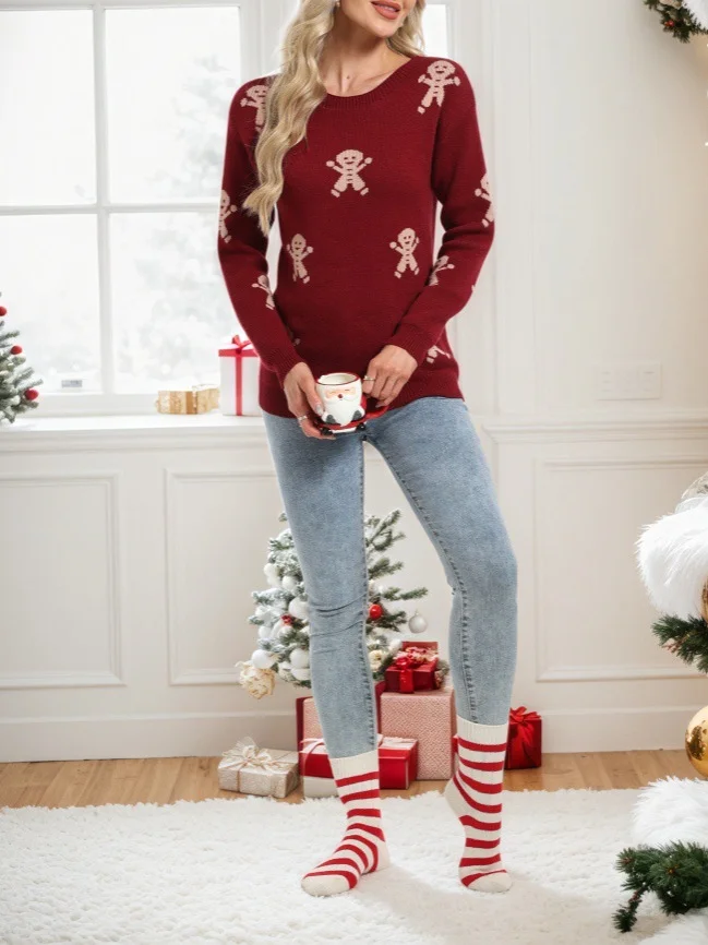 Athvotar Athvotar And Winter New Christmas Knitted Cartoon Man Embroidered Round Collar Sweater Women's Top