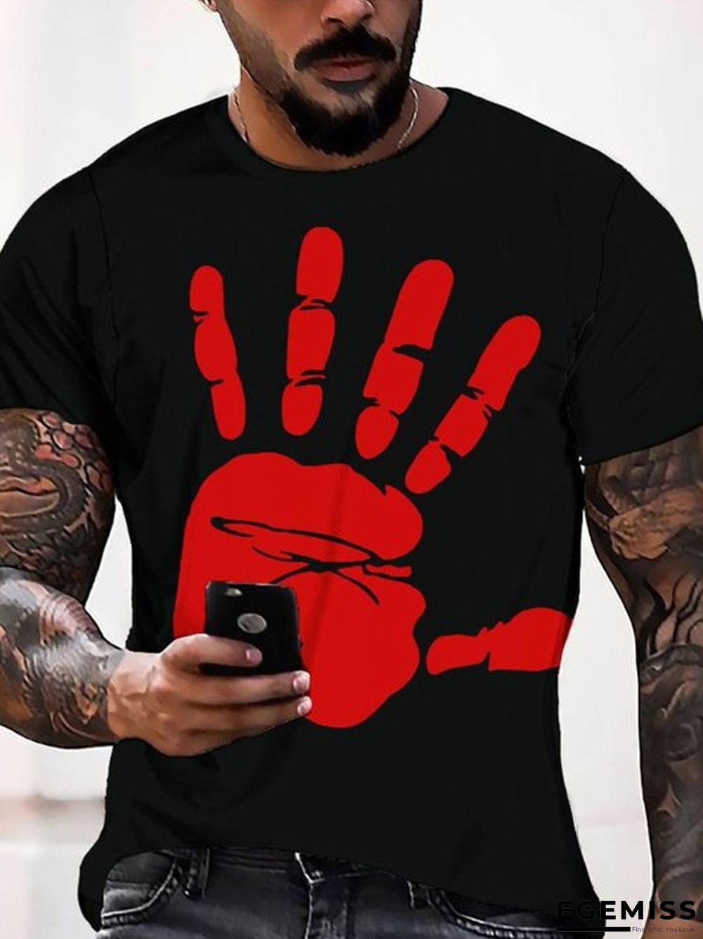 3D Digital Printed Red Hand Men's Casual Loose Short Sleeve T-shirt | EGEMISS