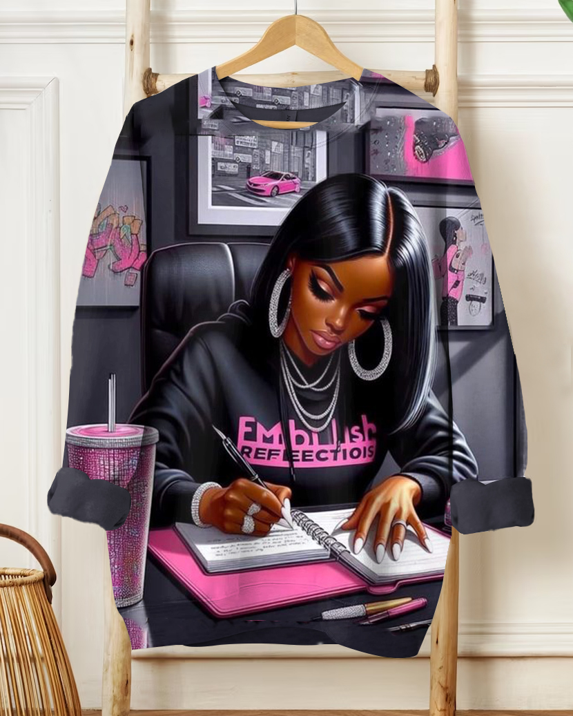 Fashion Serious Devoted Girl Cartoon Print Long Sleeve Sweatshirt
