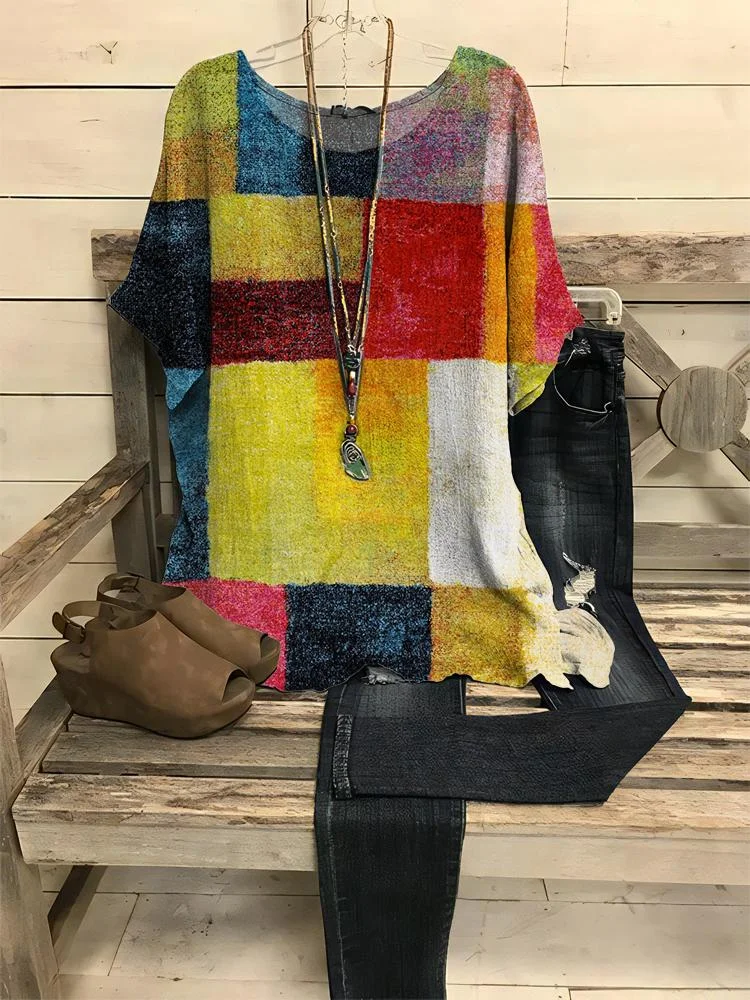 Women's Colorful Plaid Print Round Neck Half-sleeve T-shirt