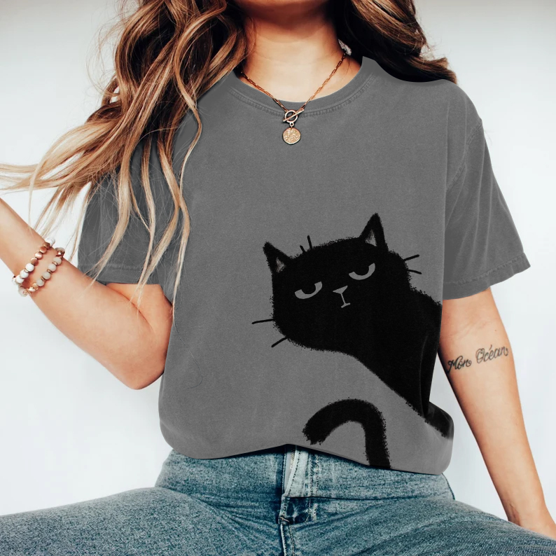 Comstylish Women's Abstract Creative Cute Black Cat Art Print T-shirt