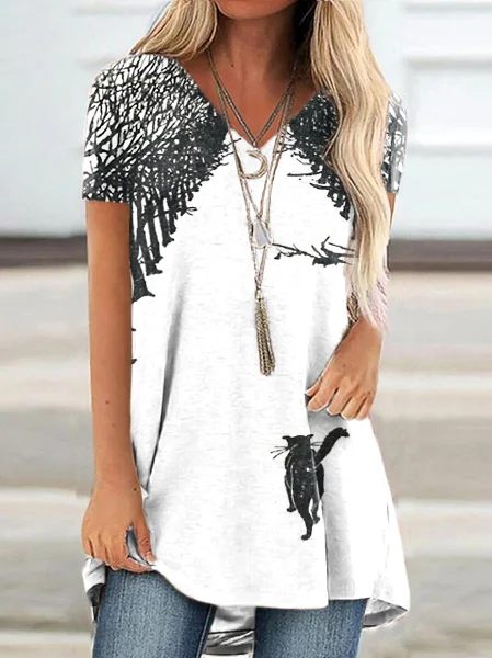 Cat-Print Short-Sleeve V-Neck Tunic