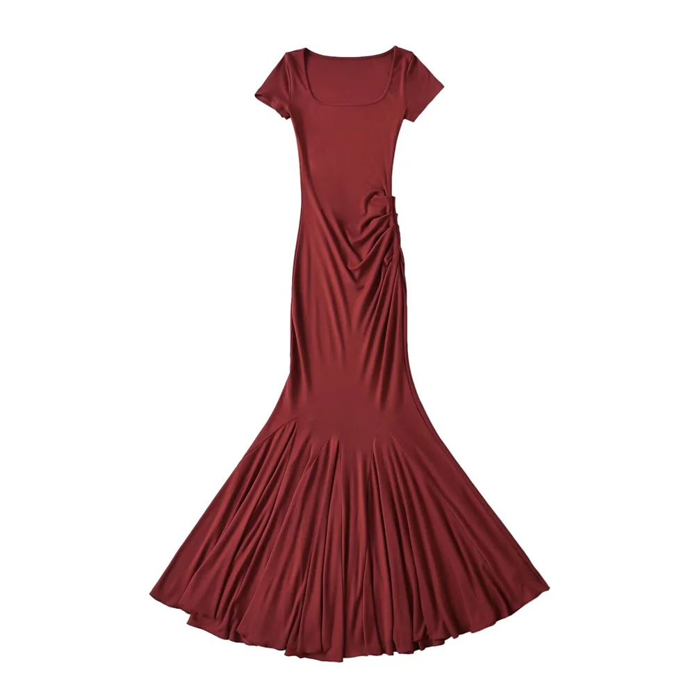 Ueong Trendy Women's Dress Tall Man Step By Step Lotus Short-Sleeved Dress Square Collar Retro Physique Fishtail Long Skirt