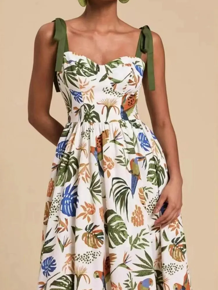 Tropical Print Tie-Shoulder Sweetheart Neck Midi Dress