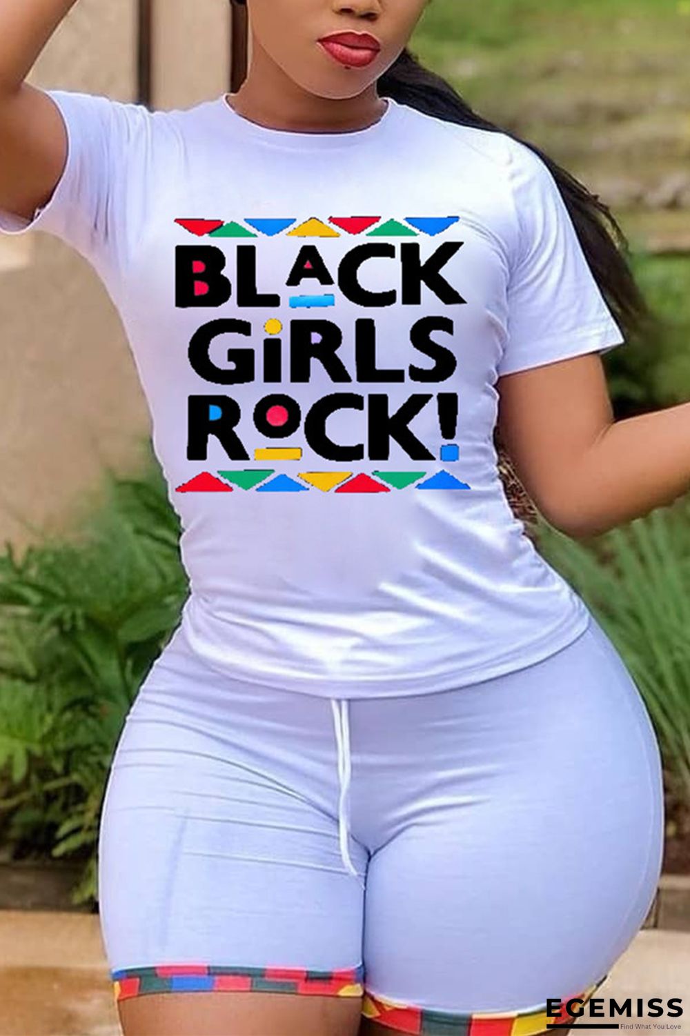 White Fashion Casual Printed Short-sleeved Top Set | EGEMISS