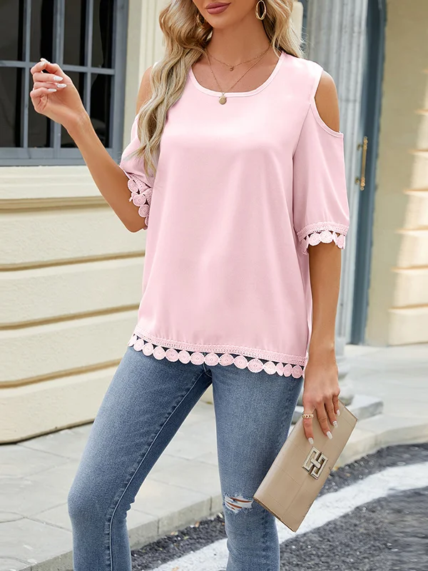 Tasseled Split-Joint Solid Color Short Sleeves Loose Round-Neck T-Shirts Tops