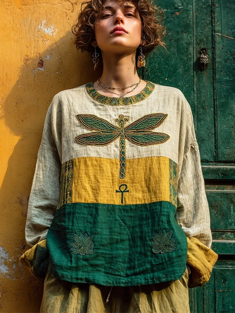 Vintage Egyptian Dragonfly Embroidery Women's Linen Shirt