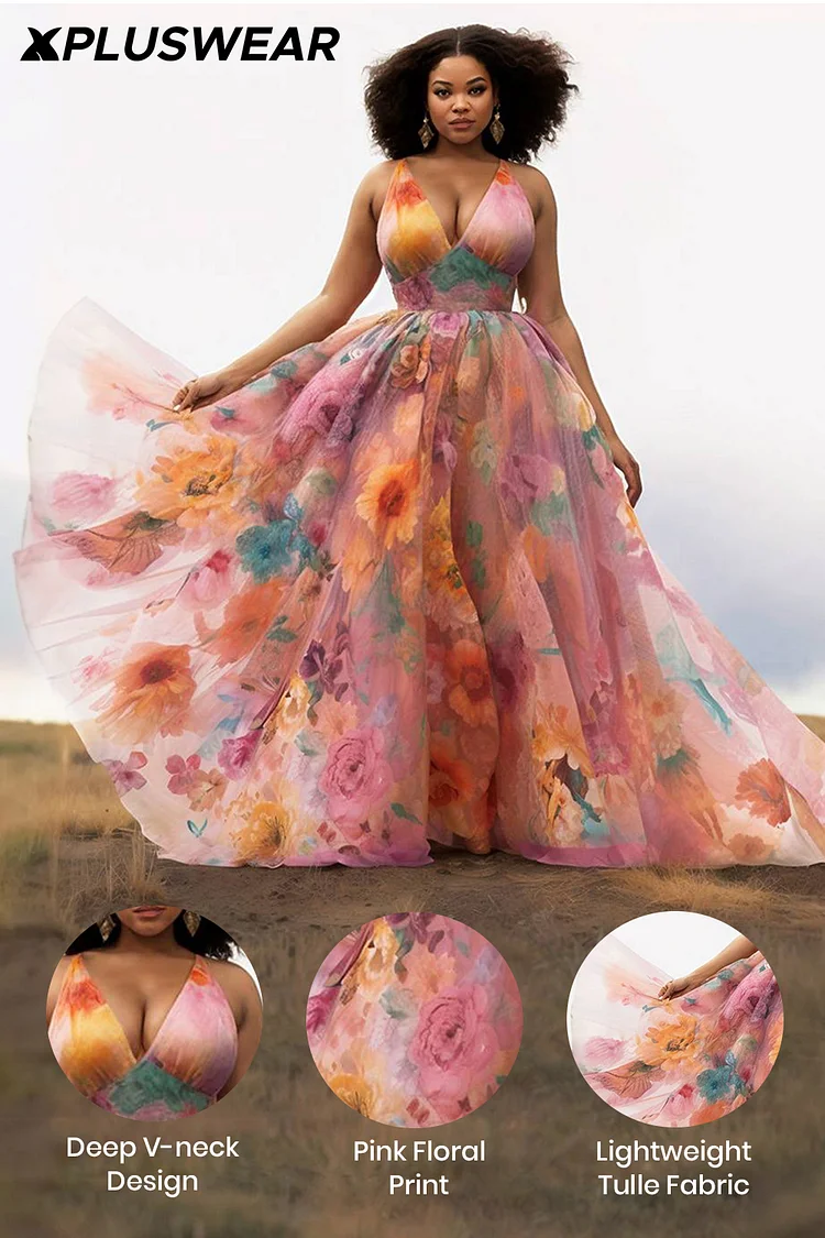 Xpluswear Design Plus Size Wedding Guest Pink Floral V Neck Sundress Tulle Maxi Dresses