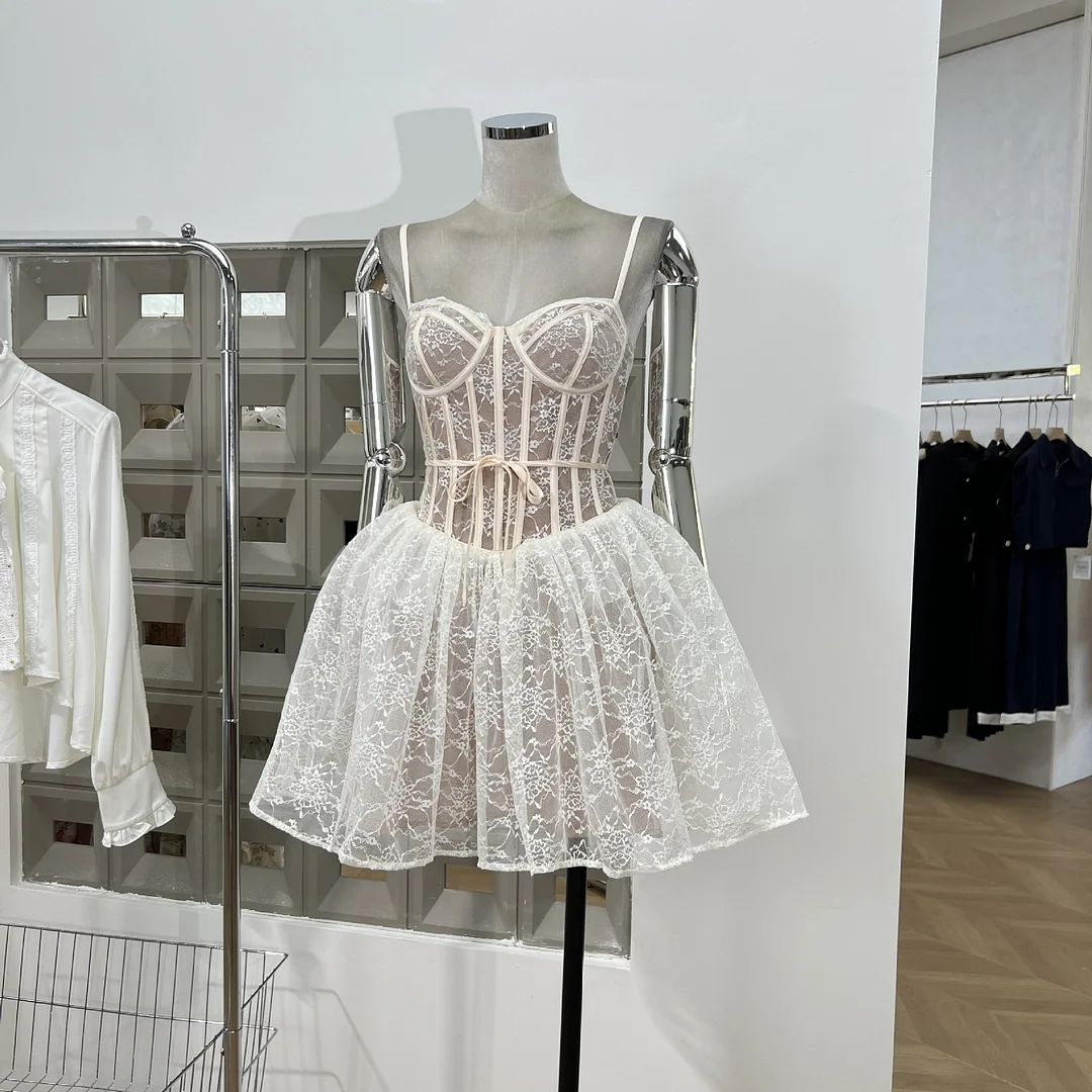 Brownm Sweet And Spicy Yen Lace Fish Bone Ponum Sling Dress Birthday Party Dress Autumn And Summer