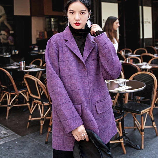 Luxury purple Plaid coats casual Notched Wool Coat New pockets back side open coat