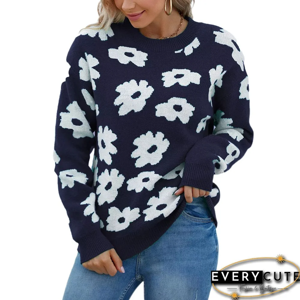 Navy Blue Flower Print Crew Neck Long Sleeve Knit Sweater