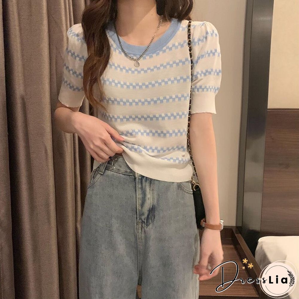 Summer New Korean Version Loose And Thin Design Striped Short-sleeved Knitted Shirt Women