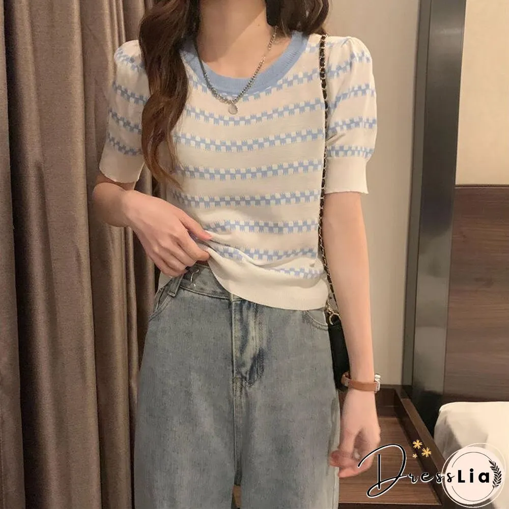 Summer New Korean Version Loose And Thin Design Striped Short-sleeved Knitted Shirt Women
