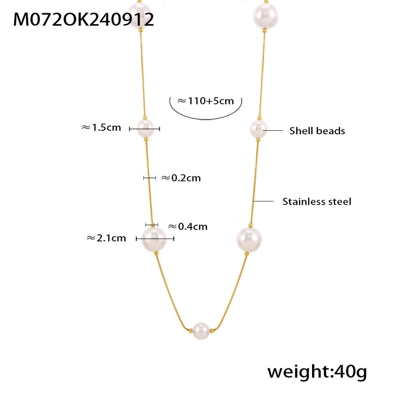 Europe And America Geometric Highlight Shell Pearls Sweater Chain Stainless Steel 18K Gold Plated PVD Long Sweater Accessories